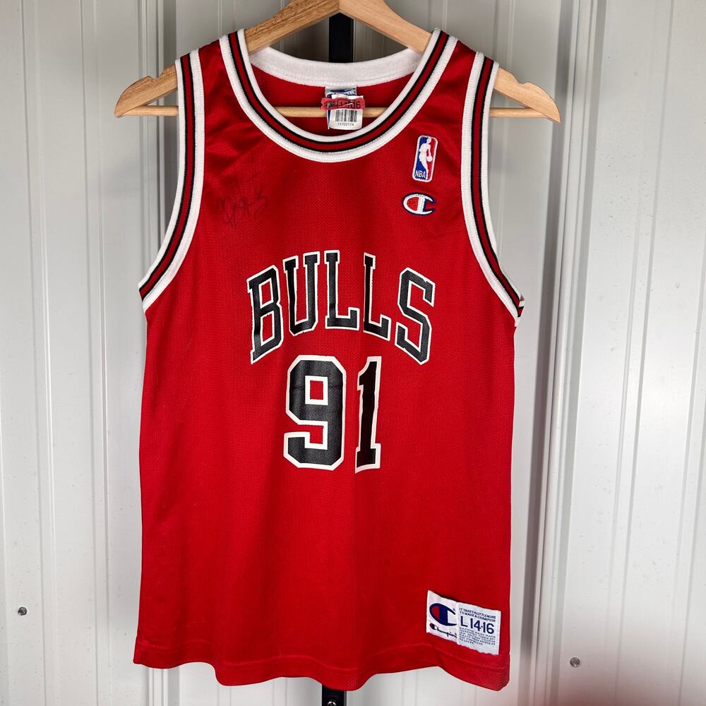 Signed Dennis Rodman 90s Champion Chicago Bulls Youth L 14-16 Jersey - Picture 2 of 7